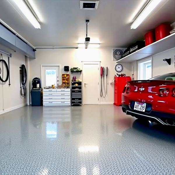 A tailored light grey garage floor with a fine flake texture.