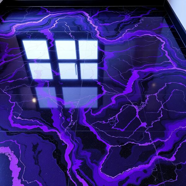 A striking purple epoxy floor accented by black and blue.