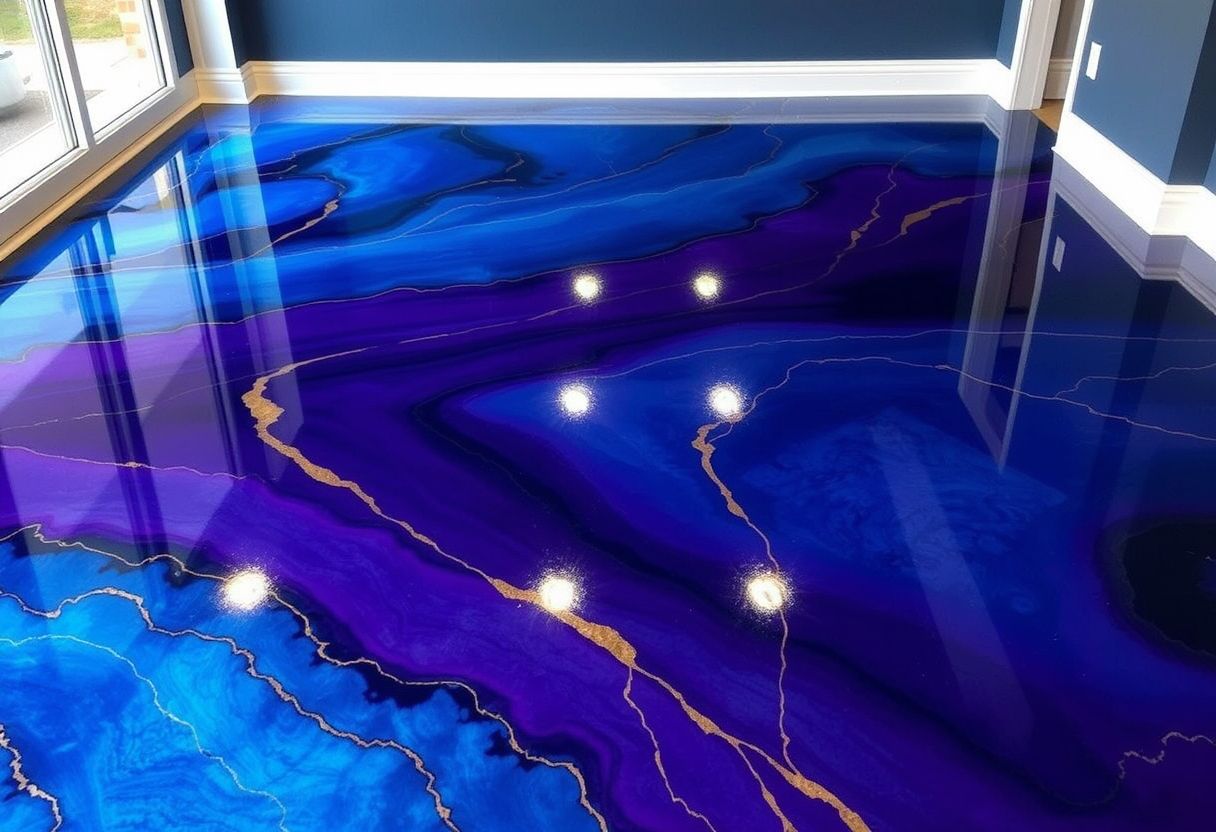 An electric blue and purple custom epoxy floor, highlighted by gold streaks.